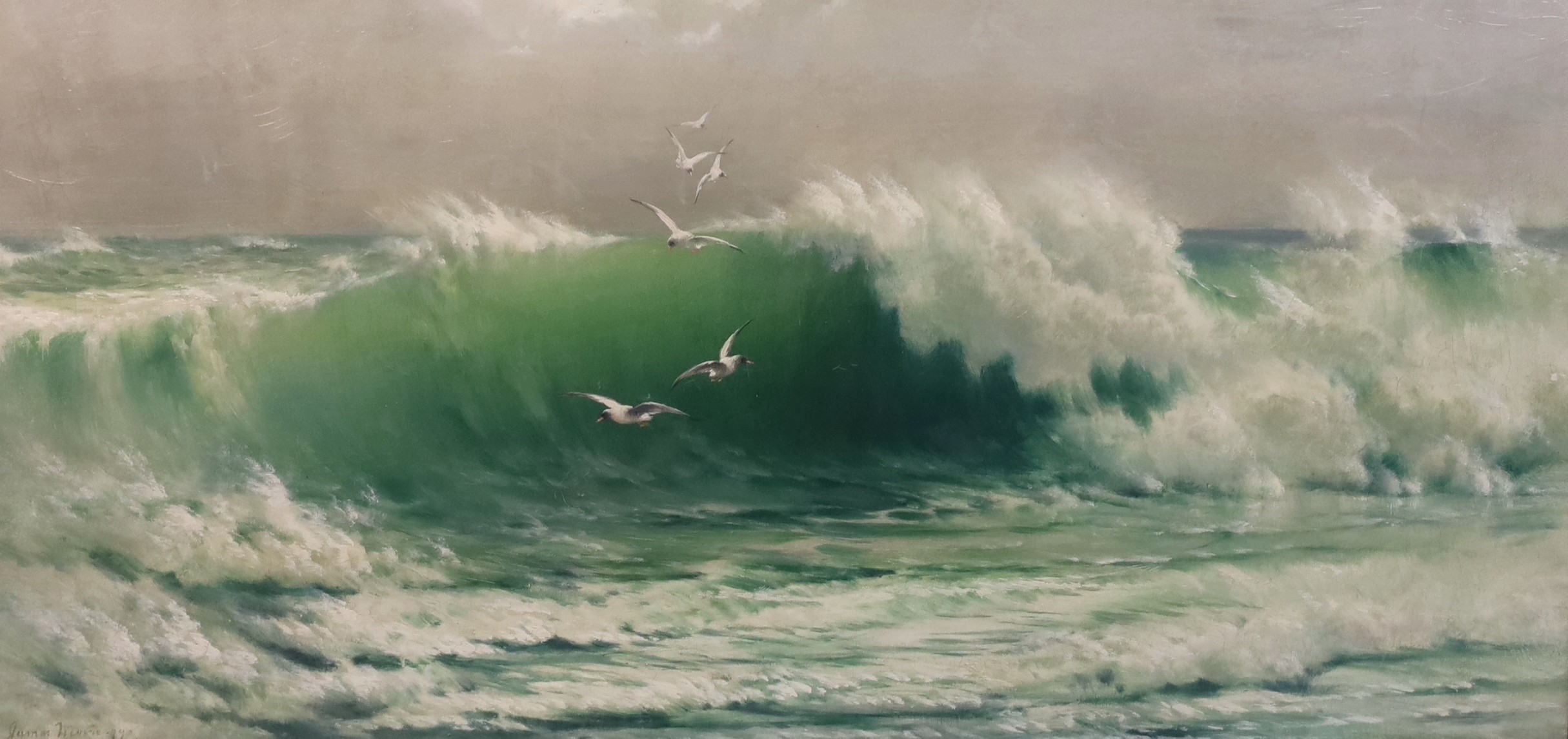James Moore (Exh. 1880-1883), Gulls flying above breaking waves, oil on canvas, 43 x 88cm